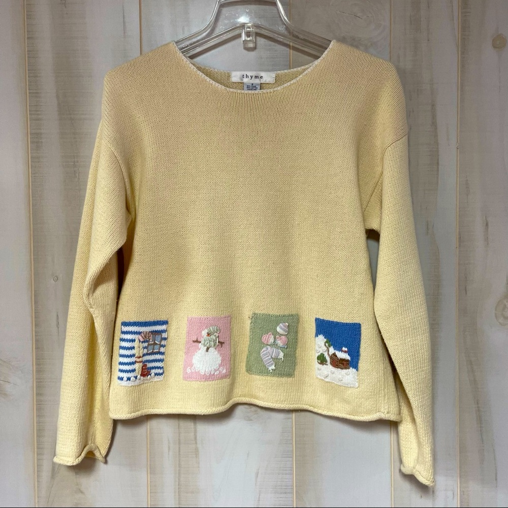 Vintage Snowman Theme Thyme 80s Yellow Pullover Sweater Sz S Winter Scene